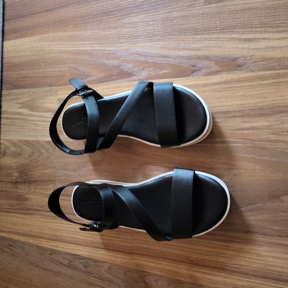 Never worn, black sandals, faux leather